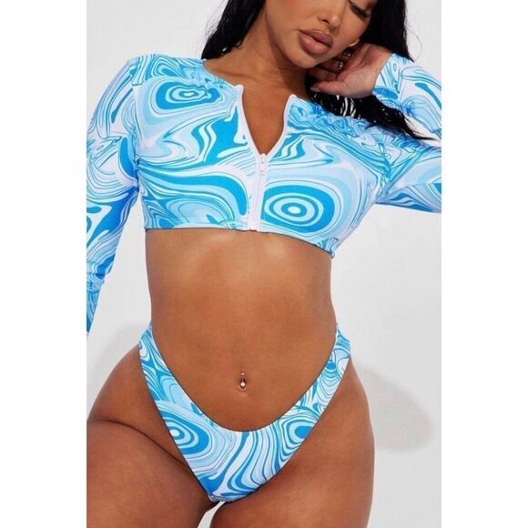 COPY - Fashion Nova NWT Retro Beach Blue Long Sleeve Two Piece Bikini Swimsuit - Picture 2 of 6